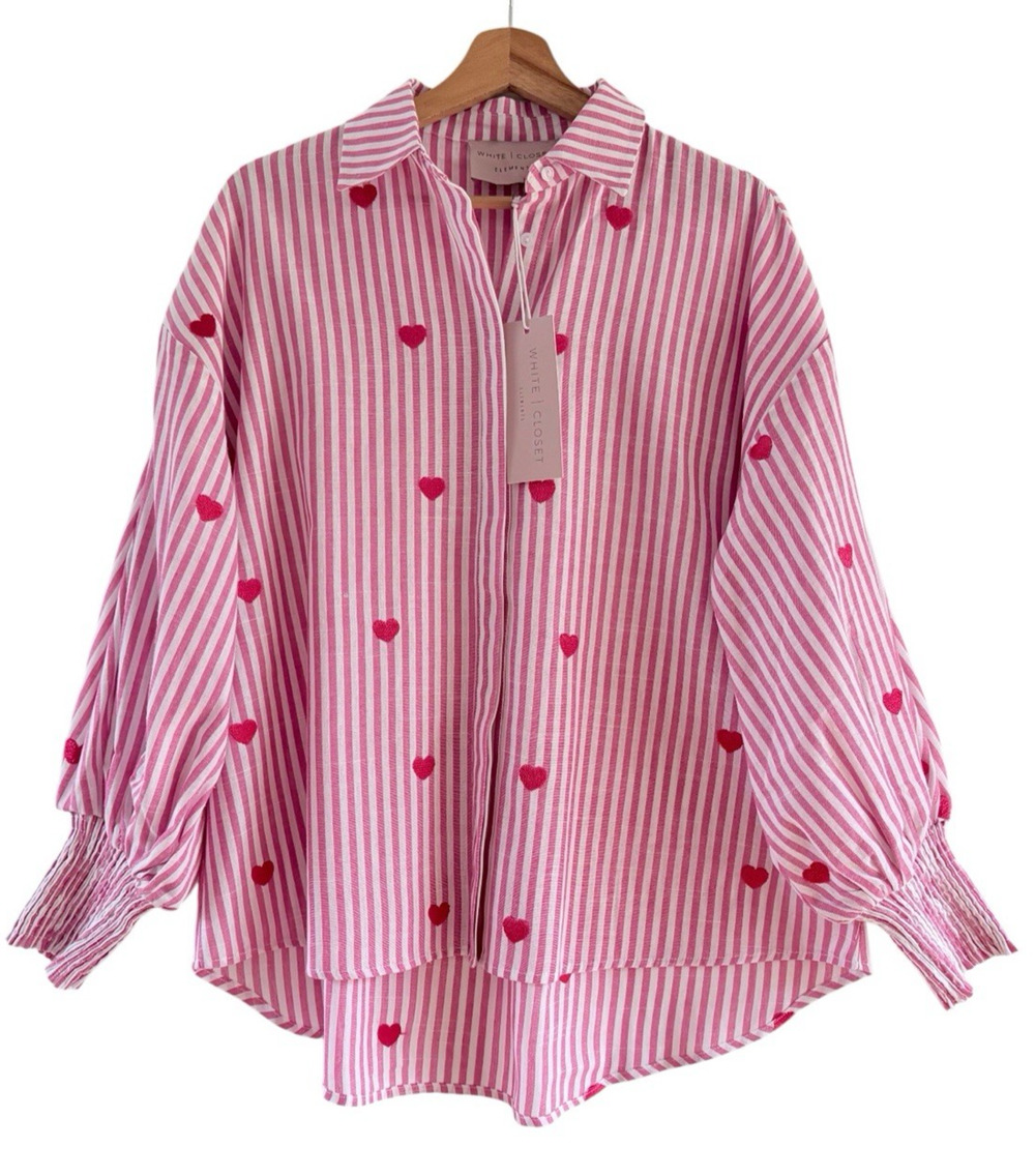 White Closet Elements Heart Embroidered Oversized Striped Button Up Shirt Pink S